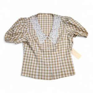 Peach Gingham Puff Sleeve Lace Collar Blouse - Size L